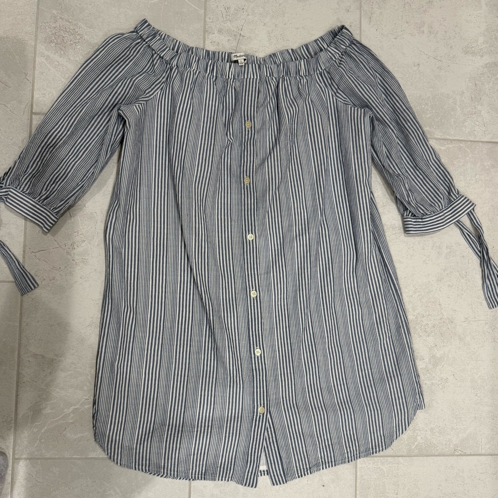 Madewell Blue and White Striped Off-Shoulder Blouse